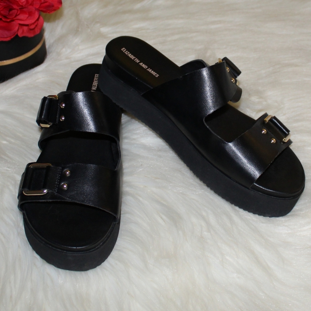 Elizabeth and James Black Platform Adjustable Double Buckle Clematis Sandals